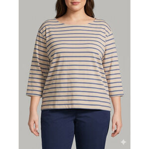 Free Assembly XXL Tan Blue Striped Boxy Tee 100% Cotton 3/4 Sleeve